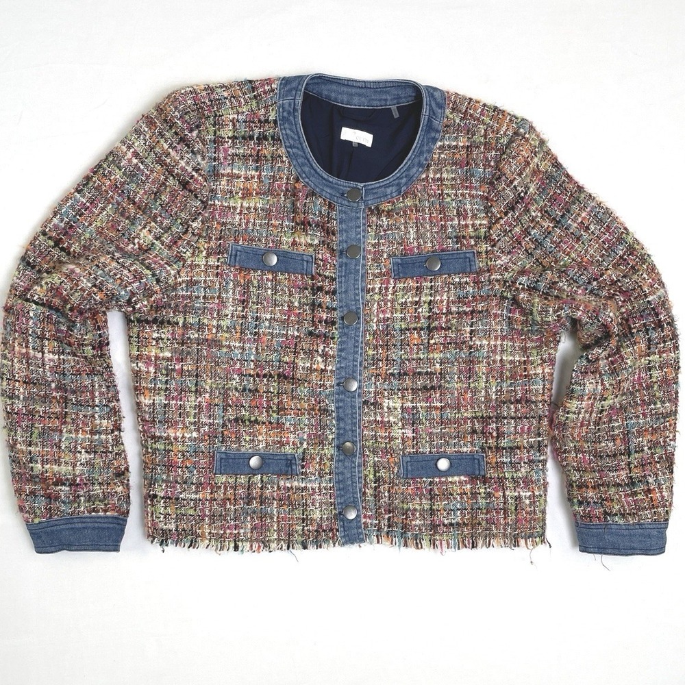 Ecru Tweed with Denim Womens‎ Rainbow Button Up Knit Teacher Jacket Blazer XL
